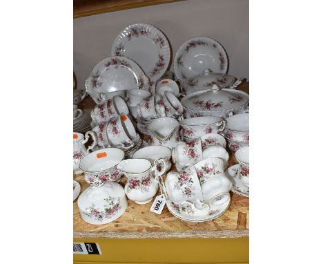 A QUANTITY OF ROYAL ALBERT 'LAVENDER ROSE' PATTERN DINNER AND TEA WARE, comprising two covered tureens, one serving bowl, ten