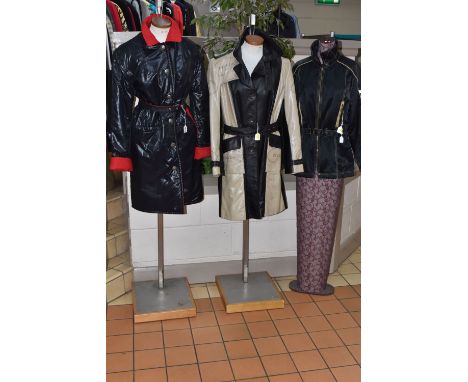 THREE LADIES' VINTAGE DESIGNER COATS, comprising a Prada contrast, belted leather trench coat, brown leather with beige plast