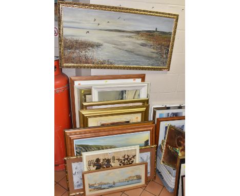 A QUANTITY OF PICTURES AND PRINTS ETC,  to include a coastal landscape oil on board signed Ewart (19)59, approximate size 48c