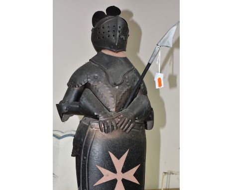 A HANDMADE KNIGHT IN ARMOUR, height 71cm, made in Malta by 'House of Knights', the knight is holding a spear and shield decor