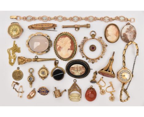 A BAG OF ASSORTED GOLD PLATED JEWELLERY,  to include two ladies mid 20th century gold plated manual wind watches, one with a 