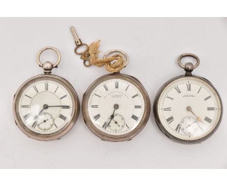 THREE SILVER OPEN FACE POCKET WATCHES, all with key wound movements, to include 'A.W.W.Co Waltham Mass' hallmarked 'Waltham W