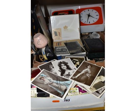 TWO BOXES OF POSTCARDS AND EPHEMERA, to include a large collection of matchbooks, a collection of silk Kenstas Cigarettes Bri