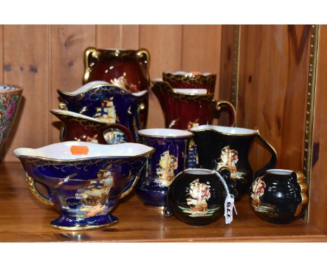 A COLLECTION OF NAUTICAL PATTERNED CROWN DEVON LUSTREWARE to include three cobalt blue items comprising three vases of variou