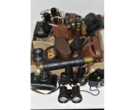A BOX OF MOSTLY BINOCULARS AND CAMERAS comprising seven pairs of binoculars to include three French pairs from manufacturers 