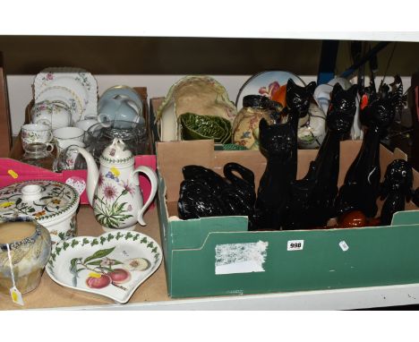 THREE BOXES AND LOOSE MOSTLY CERAMIC TEAWARES AND ORNAMENTS to include a box of mostly black cats, dogs, and swan ornaments, 