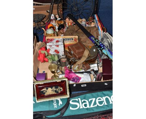 TWO BOXES AND LOOSE MISCELLANEOUS ITEMS to include a metal bicycle themed plant stand, a Japanese coffee set with hand painte