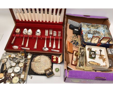 A BOX OF ASSORTED ITEMS, to include a small quantity of costume jewellery including two late 19th century AF gold plated phot