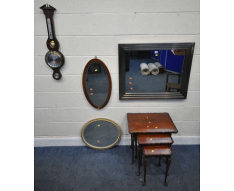 A MODERN RECTANGULAR WALL MIRROR, 85cm x 70cm, two other wall mirrors, a stick barometer, and a nest of three tables, conditi