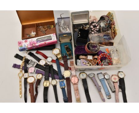 A BOX OF ASSORTED COSTUME JEWELLERY AND ITEMS, to include a white metal open work heart pendant stamped 925 with snake chain,