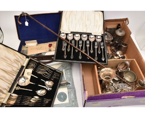 A BOX OF ASSORTED WHITE METAL WARE AND ITEMS, to include a silver tapering posy vase on a round weighted base, hallmarked Bir