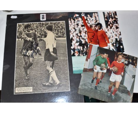 FOOTBALL AUTOGRAPHS, Three signed cuttings of the Manchester United legends, BOBBY CHARLTON, DENIS LAW &amp; GEORGE BEST