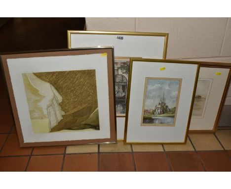 THREE LATE 20TH CENTURY PICTURES, comprising a Jamie Bruce Lockhart watercolour 'Beach Huts and Valley Farm 1998', approximat