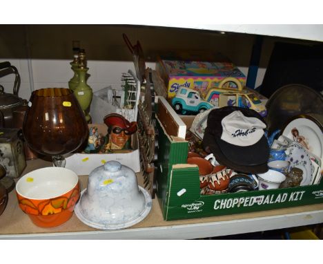 THREE BOXES AND LOOSE DECORATIVE ITEMS to include an orange Delphis Poole Pottery planter height 11cm x diameter 16cm, an egg