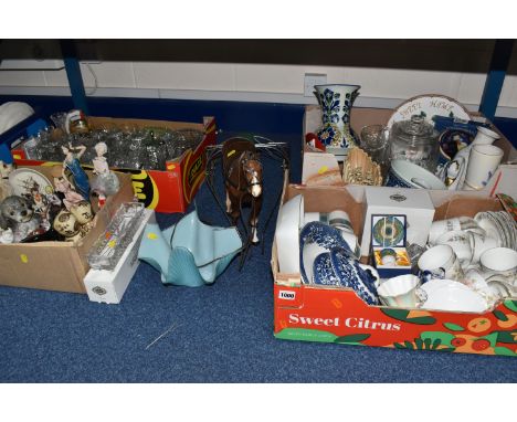 FOUR BOXES AND LOOSE ASSORTED CERAMICS, GLASSWARE, AND ORNAMENTS to include a collection of Royal Doulton 'Pastorale' tea war