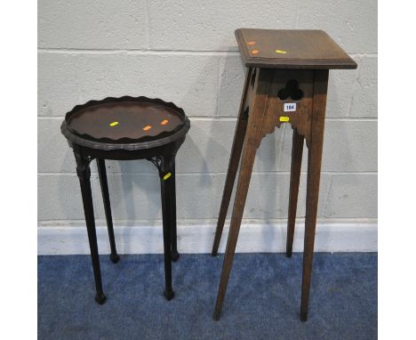A 20TH CENTURY OAK PLANT STAND, with trefoil designs raised on square tapered legs, 33cm squared x height 94cm, along with a 