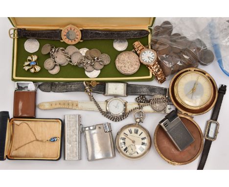 A SILVER POCKET WATCH AND OTHER ITEMS, to include a key wound, open face silver pocket watch, round Roman numeral dial signed