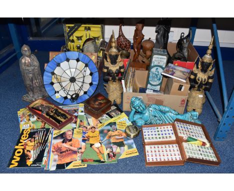 THREE BOXES OF MISCELLANEOUS AND LOOSE, to include a lead lined art deco style coloured glass light shade, oriental sculpture
