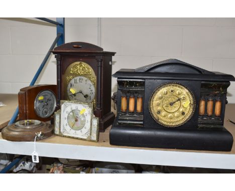 THREE CLOCKS AND TWO BAROMETERS comprising a circular wall-mounted barometer, diameter 20cm, a Smiths mantel style barometer,