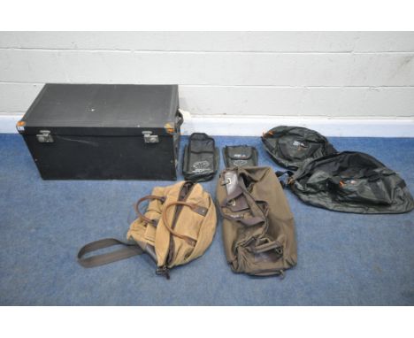A HERCULES BLACK CANVASS MOTOR TRUNK, width 86cm x depth 46cm x height 44cm, a fossil bag, an antler bag, along with a small 