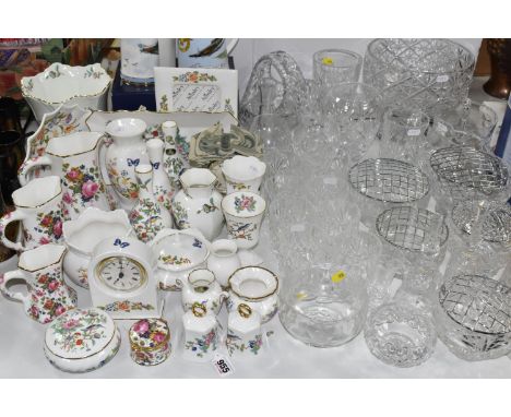 A GROUP OF CERAMICS AND GLASS WARES, to include an Aynsley Portlandware mantel clock (small chips), Aynsley Cottage Garden an