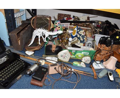 THREE BOXES OF MISCELLANEOUS SUNDRIES, to include a Corona portable typewriter, made in U.S.A, an Ensign Selfix 20- J20232 fo