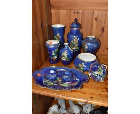 A COLLECTION OF BLUE NAUTICAL PATTERNED CROWN DEVON LUSTREWARE comprising five vases of varying form, height of tallest 29cm 