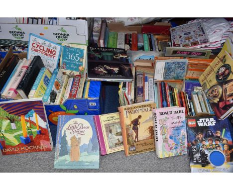 FIVE BOXES OF BOOKS, approximately one hundred titles, mostly hardback format, subjects include, children's books, annuals, v