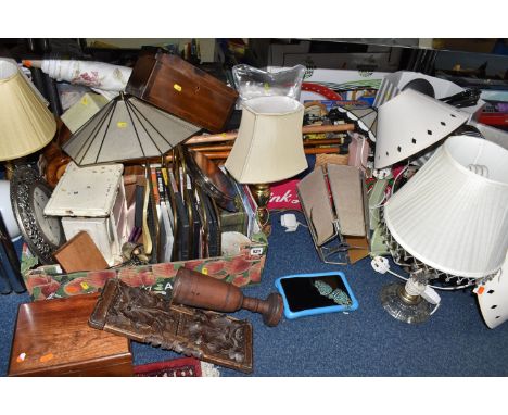 THREE BOXES AND LOOSE MISCELLANEOUS ITEMS to include a mirrored set of scales, a small group of assorted DVDs, a group of woo