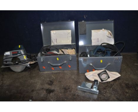 THREE BLUE BOSCH POWER TOOLS, comprising a GKS65 circular saw, a cased GEX150ac sander, and a cased GHO31-82 planer (all PAT 