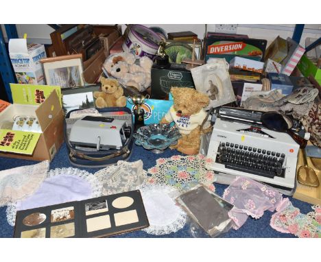 SIX BOXES AND LOOSE MISCELLANEOUS ITEMS, to include an Olympia typewriter, a Voigtlander Perkeo imagine projector in blue car