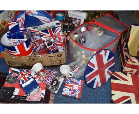 THREE BOXES AND LOOSE CHRISTMAS DECORATIONS, UNION JACK THEMED ITEMS AND MISCELLANEOUS, to include a selection of Christmas t