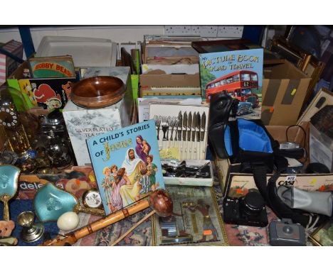 SIX BOXES OF MISCELLANEOUS SUNDRIES, to include a silverplated tea set, a Zenit 12xp camera, an Olympus AM-100 camera, a Trav