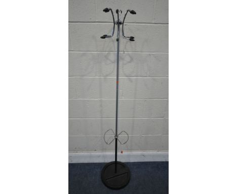 A MID-CENTURY SPUTNIK STYLE COAT STAND, with six arms, two stick / umbrella sections, with a drip tray base, height 161cm, co