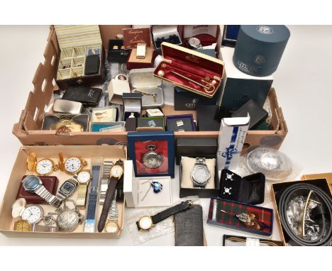 A BOX OF ASSORTED ITEMS, to include various novelty pocket watches 'Ingersoll, Excalibur' etc, an assortment of mostly gents 