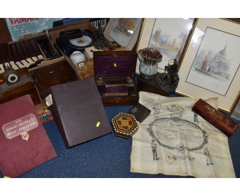 THREE BOXES AND LOOSE MISCELLANEOUS ITEMS, to include a selection of framed pictures to include four watercolour prints of va