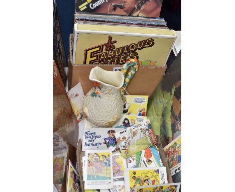TWO BOXES AND LOOSE L.P VINYL RECORDS AND NOVELTY POSTCARDS, to include twenty nine L.P records, artists include Status Quo, 