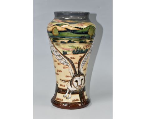 A MOORCROFT POTTERY 'ELEGY' PATTERN VASE, the baluster vase tube lined with barn owls in flight in a rural landscape, designe