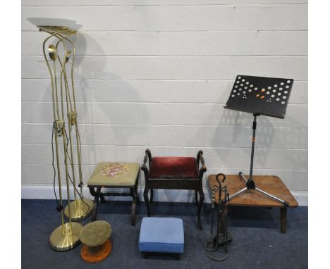 A SELECTION OF OCCASIONAL FURNITURE, to include four stools, varying in shape, size, style, timber, etc, largest width 56cm x