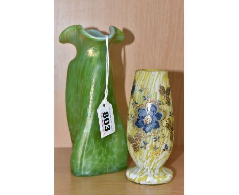 A GREEN LOETZ 'OZONE CISELE' PROPELLER VASE AND A HANDPAINTED LEMON GLASS BUD VASE comprising a green Loetz vase with a twist