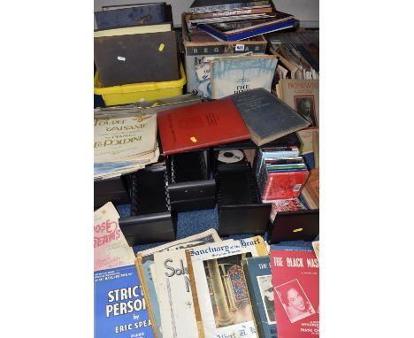 FIVE BOXES AND LOOSE MUSIC RELATED ITEMS, to include over fifty CDs, music includes classical, brass band, pan pipes, soundtr
