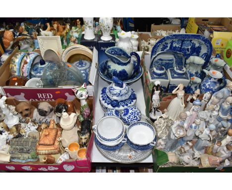 FOUR BOXES AND LOOSE MISCELLANEOUS CERAMICS, to include a selection of figurines subject include dogs, cats, people, and also