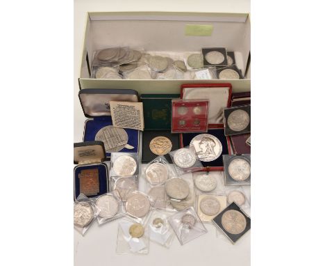 A SHOE BOX CONTAINING COINS/MEDALS, to include Victoria 1897 Diamond Jubilee large Silver medal, 56mm, approximate 83 grams i