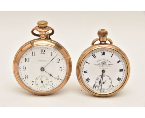 TWO OPEN FACE POCKET WATCHES, the first a gold filled, manual wind watch, round white Arabic numeral dial signed 'Waltham', s