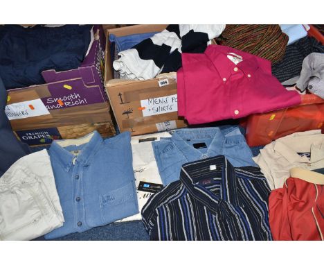 FIVE BOXES OF GENTLEMEN'S CLOTHING, to include shirts, polo tops, shorts, trousers and sweaters, mostly size XXL and waist si