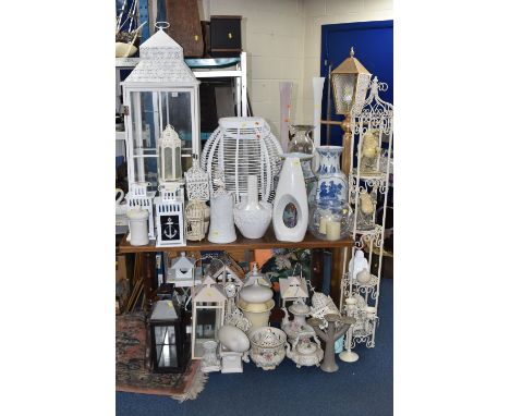 A LARGE GROUP OF DECORATIVE HOME AND GARDEN ITEMS, to include approximately ten various lanterns in different styles, colours