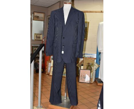 A GENTLEMAN'S CHRISTIAN DIOR 'MONSIEUR' TWO PIECE SUIT, a blue pin striped suit, jacket size chest 48'', length 46'', trouser