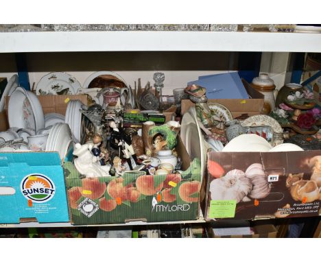 FIVE BOXES OF CERAMICS AND ORNAMENTS, to include a Royal Doulton Bunnykins nursery set, a collection of Cottage Ware, a Mdina