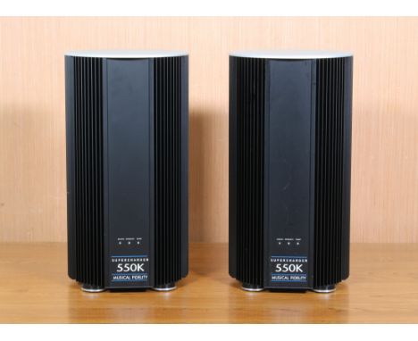 A pair of Musical Fidelity Supercharger 550K mono block power amplifiers - c,2007, with 2 x mains leads and 2 x Musical Fidel
