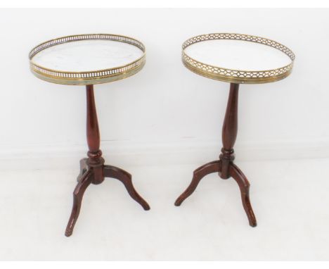 A pair of Louis XVI style marble and stained beech-wood wine tables - mid-20th century, the circular grey and white marble to